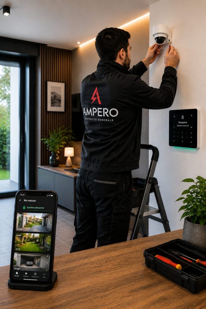 Technicien Ampero installant un clavier d’alarme