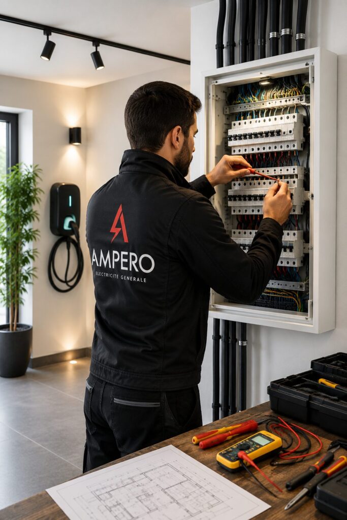 Technicien Ampero travaillant sur un tableau électrique