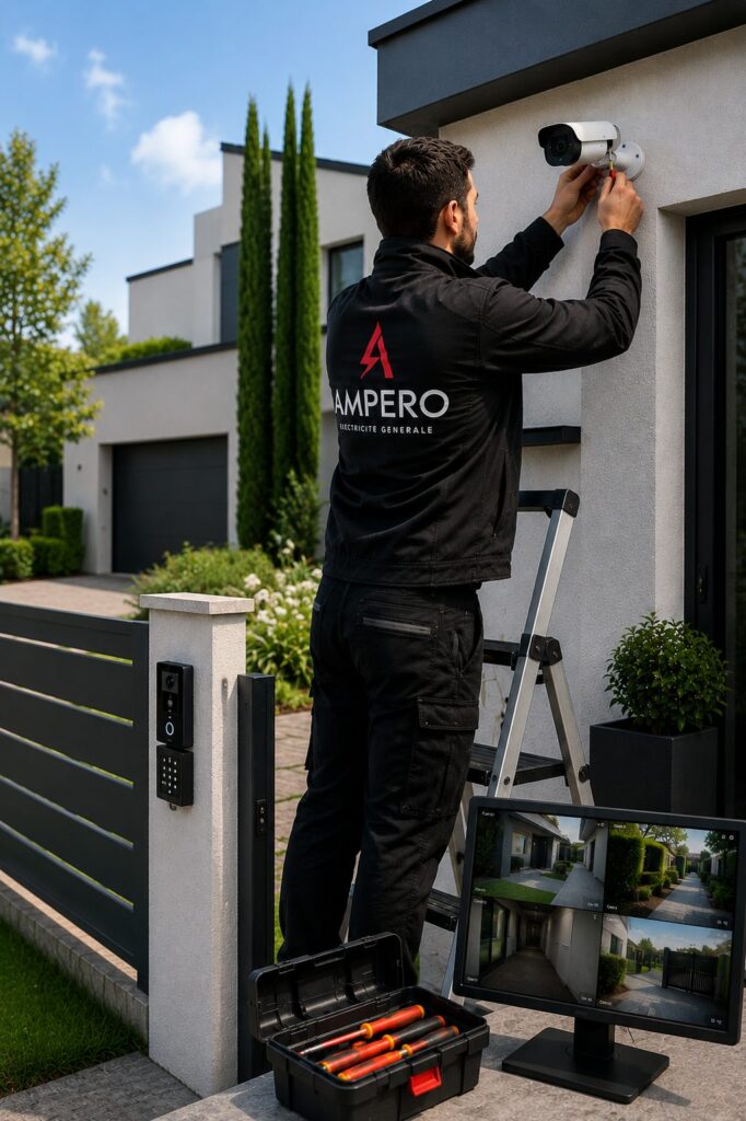 Technicien Ampero installant une caméra de vidéosurveillance